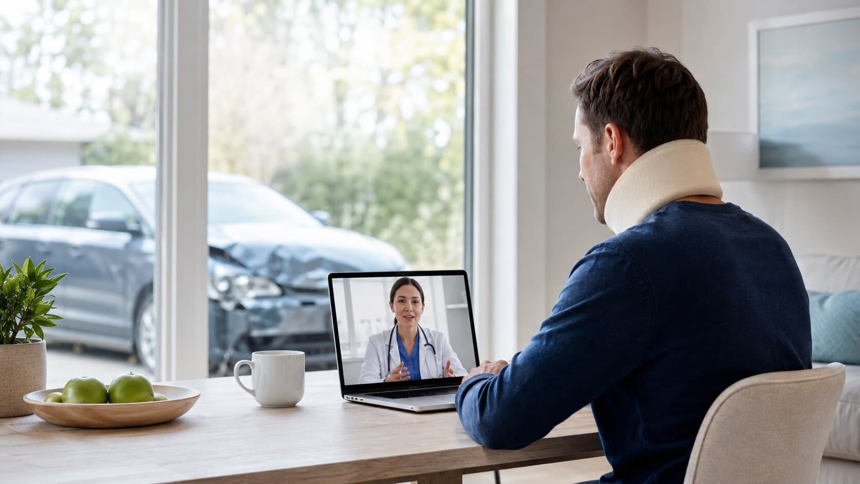 Patient wearing a neck brace attending a virtual medical visit after a car accident